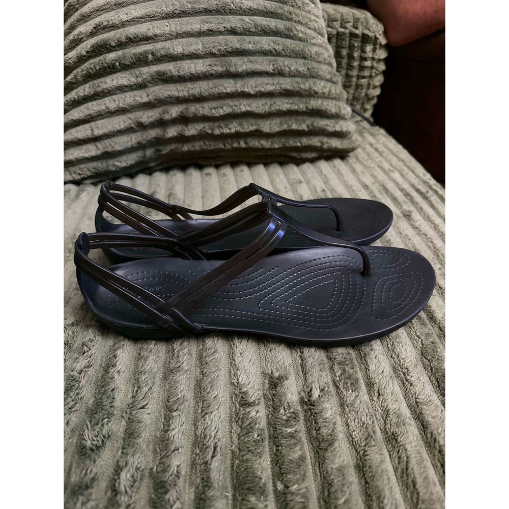 Crocs Womens 10 black Isabella Strappy Jelly Sandals T-Strap Flat Comfort Shoes - Picture 2 of 6